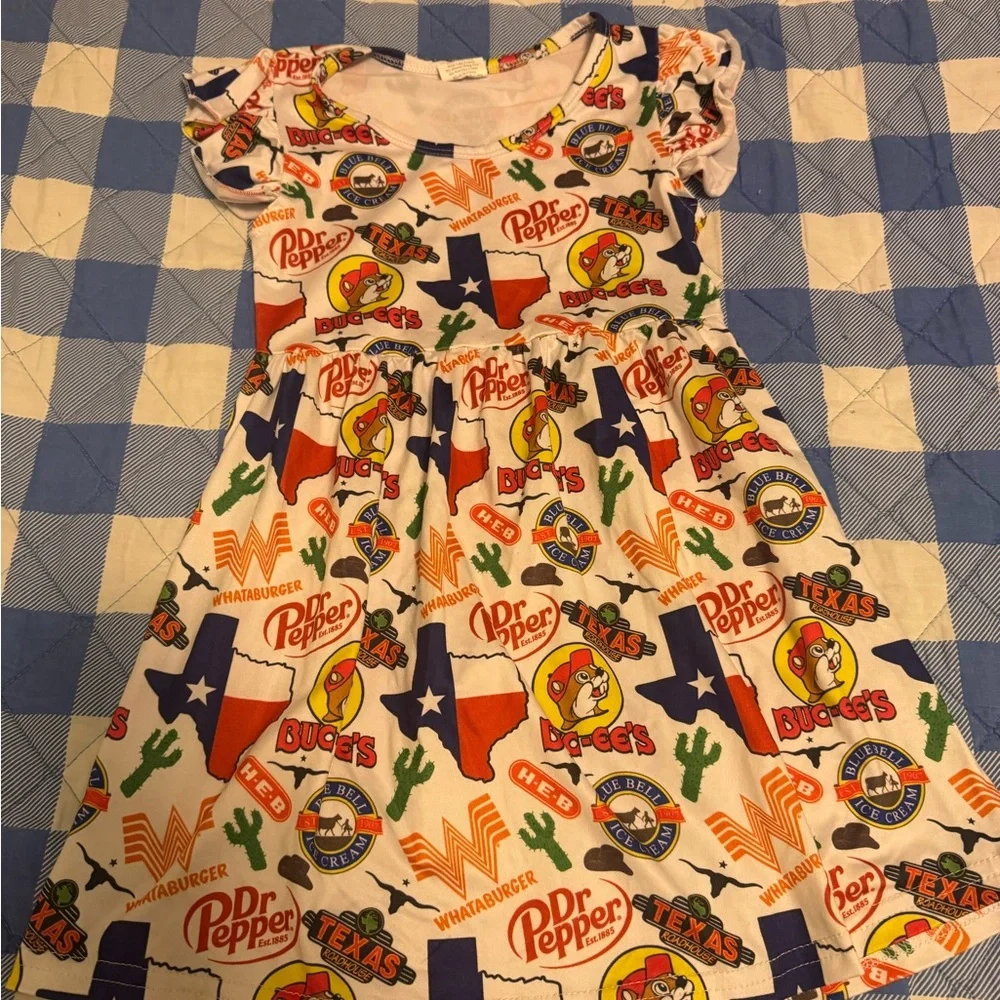 Girl's Short-Sleeve Texas Logo Print Dress in White with Red & Blue Accents - Picture 1 of 2